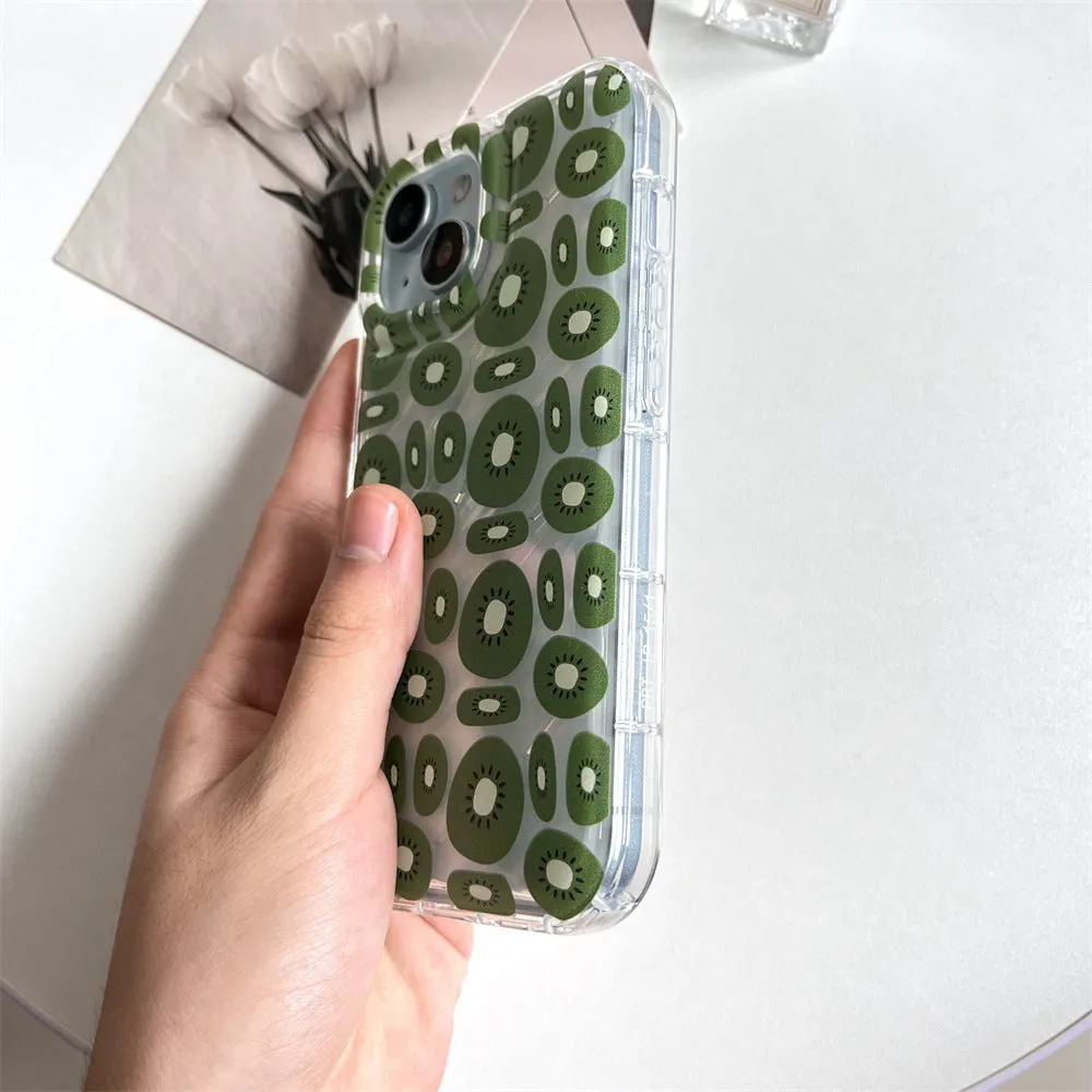 Transparent sliced kiwi fruit TPU phone case for iPhone showing green kiwi pattern on clear background