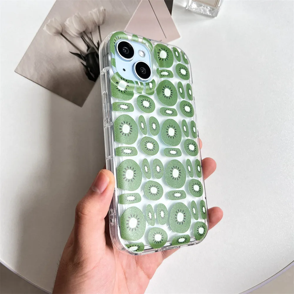 Transparent sliced kiwi fruit TPU phone case for iPhone showing green kiwi pattern on clear background