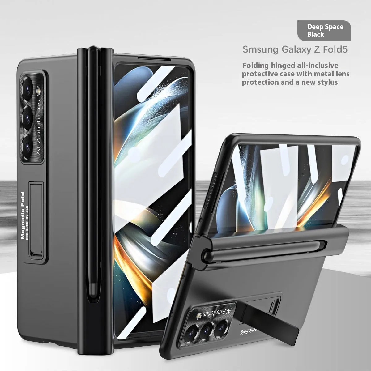 Magnetic suction phone case for Samsung Z Fold5 with hinge cover and bracket in ice lake blue