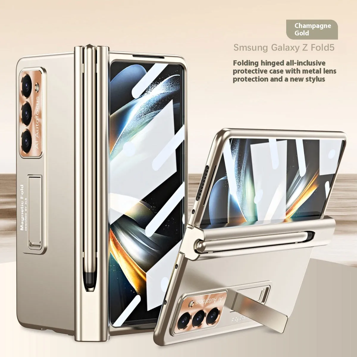 Magnetic suction phone case for Samsung Z Fold5 with hinge cover and bracket in ice lake blue