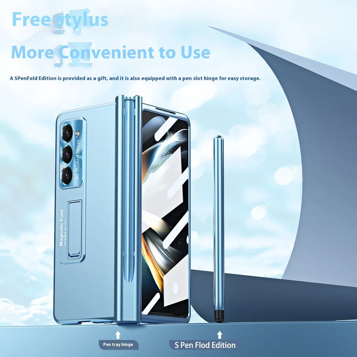 Magnetic suction phone case for Samsung Z Fold5 with hinge cover and bracket in ice lake blue