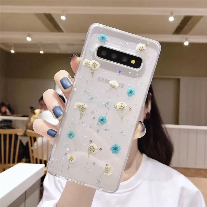 Samsung floral epoxy TPU phone case in blue with floral design for Galaxy S10
