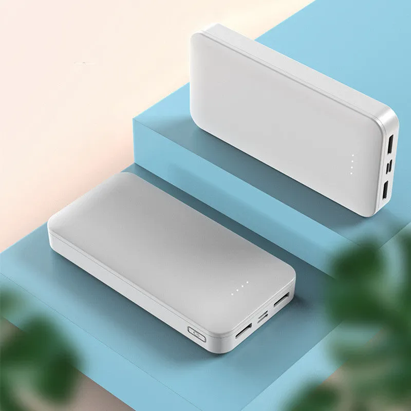 Power bank with 20000mAh capacity, fast charging, multiple USB ports, plastic shell, and compact design