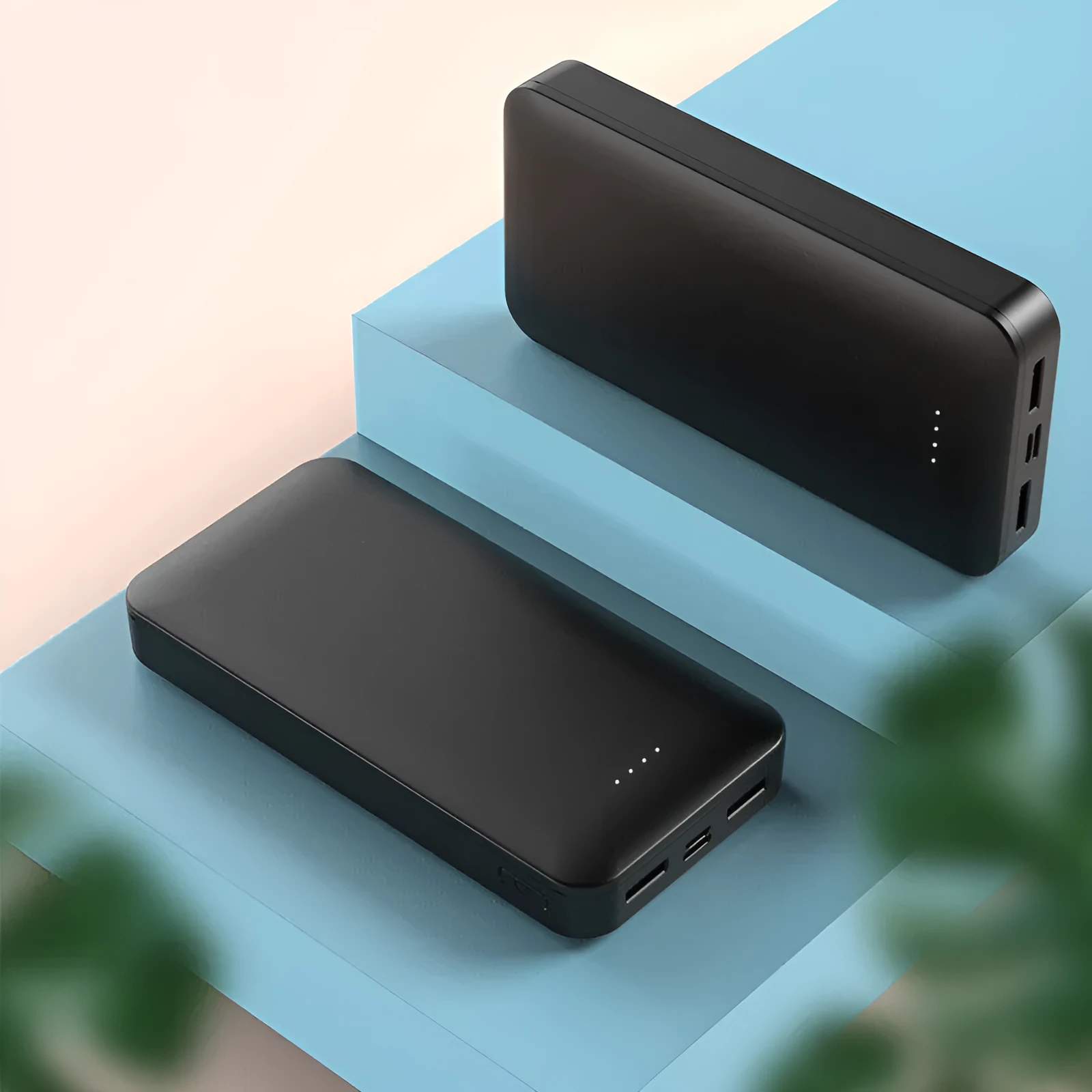 Power bank with 20000mAh capacity, fast charging, multiple USB ports, plastic shell, and compact design