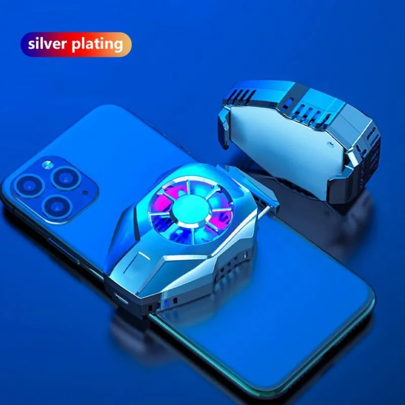 Mini mobile phone cooler in black with USB cable and metal radiator surface attached to smartphone