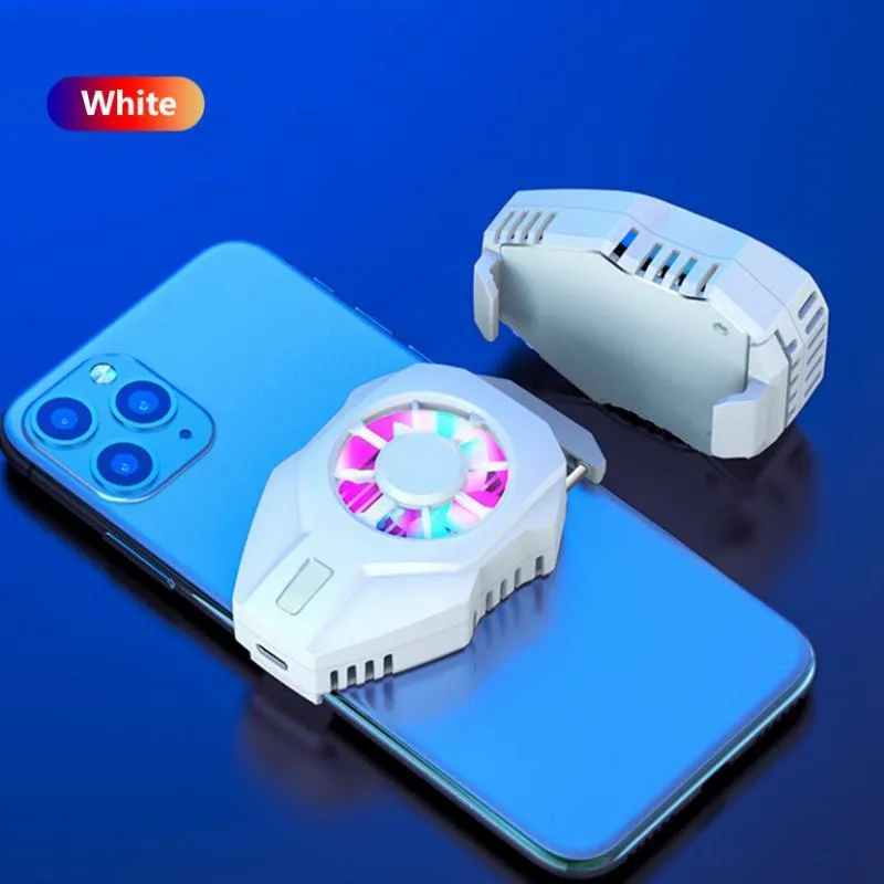 Mini mobile phone cooler in black with USB cable and metal radiator surface attached to smartphone