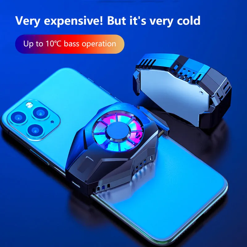 Mini mobile phone cooler in black with USB cable and metal radiator surface attached to smartphone