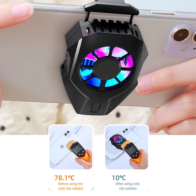 Mini mobile phone cooler in black with USB cable and metal radiator surface attached to smartphone