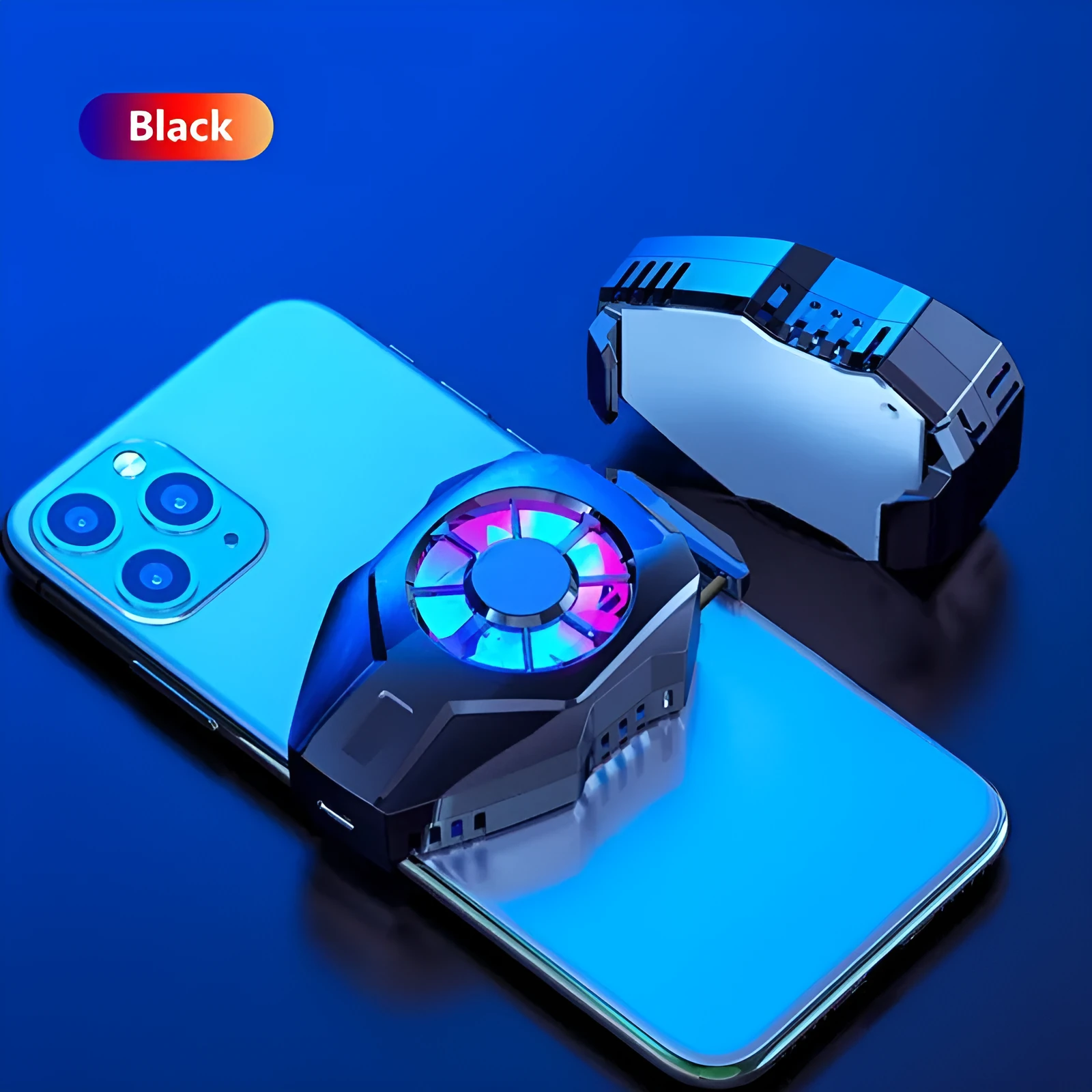 Mini mobile phone cooler in black with USB cable and metal radiator surface attached to smartphone