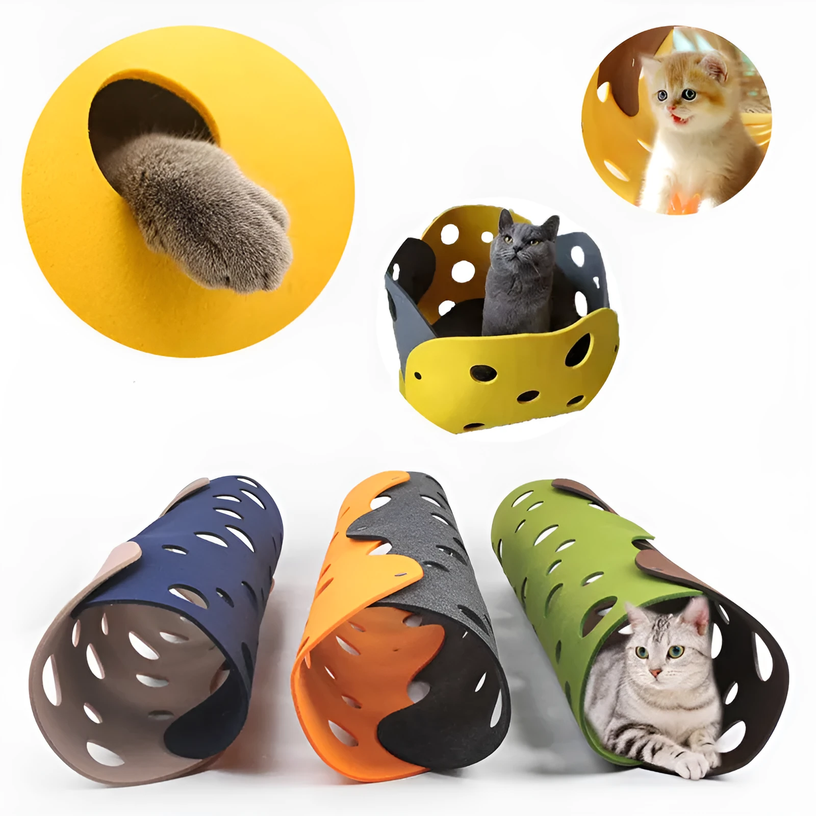 Deformable felt cat tunnel with peepholes in cement grey and orange, assembled on floor