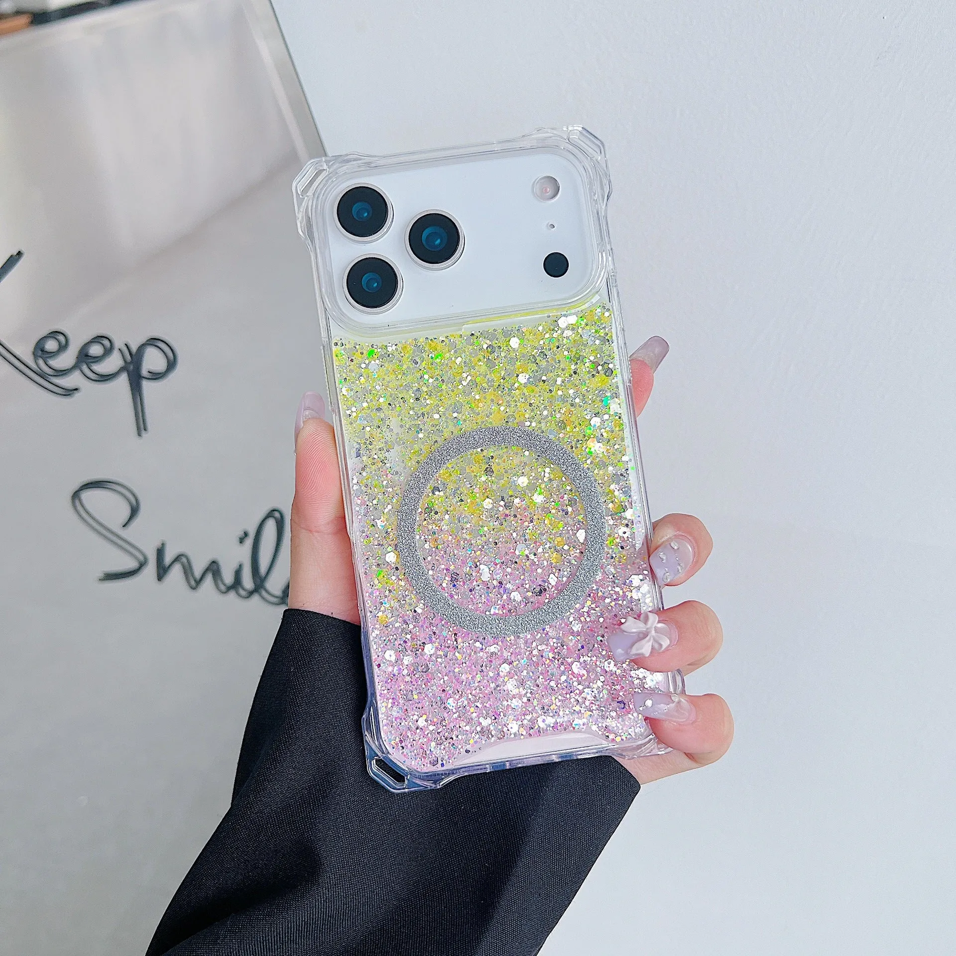 Glitter magnetic drop-resistant TPU phone case for iPhone 16 Pro with frosted finish in pink blue colour option