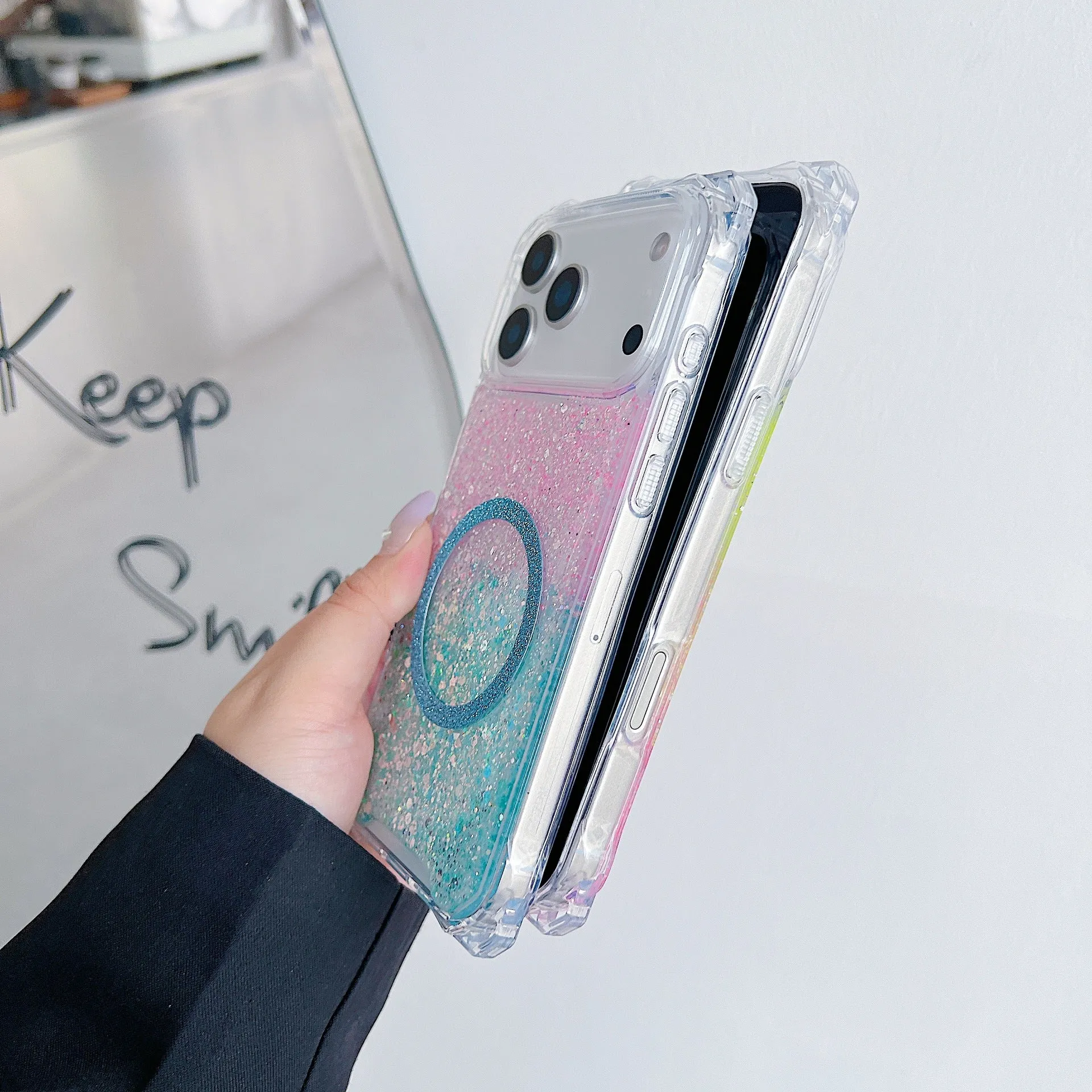 Glitter magnetic drop-resistant TPU phone case for iPhone 16 Pro with frosted finish in pink blue colour option