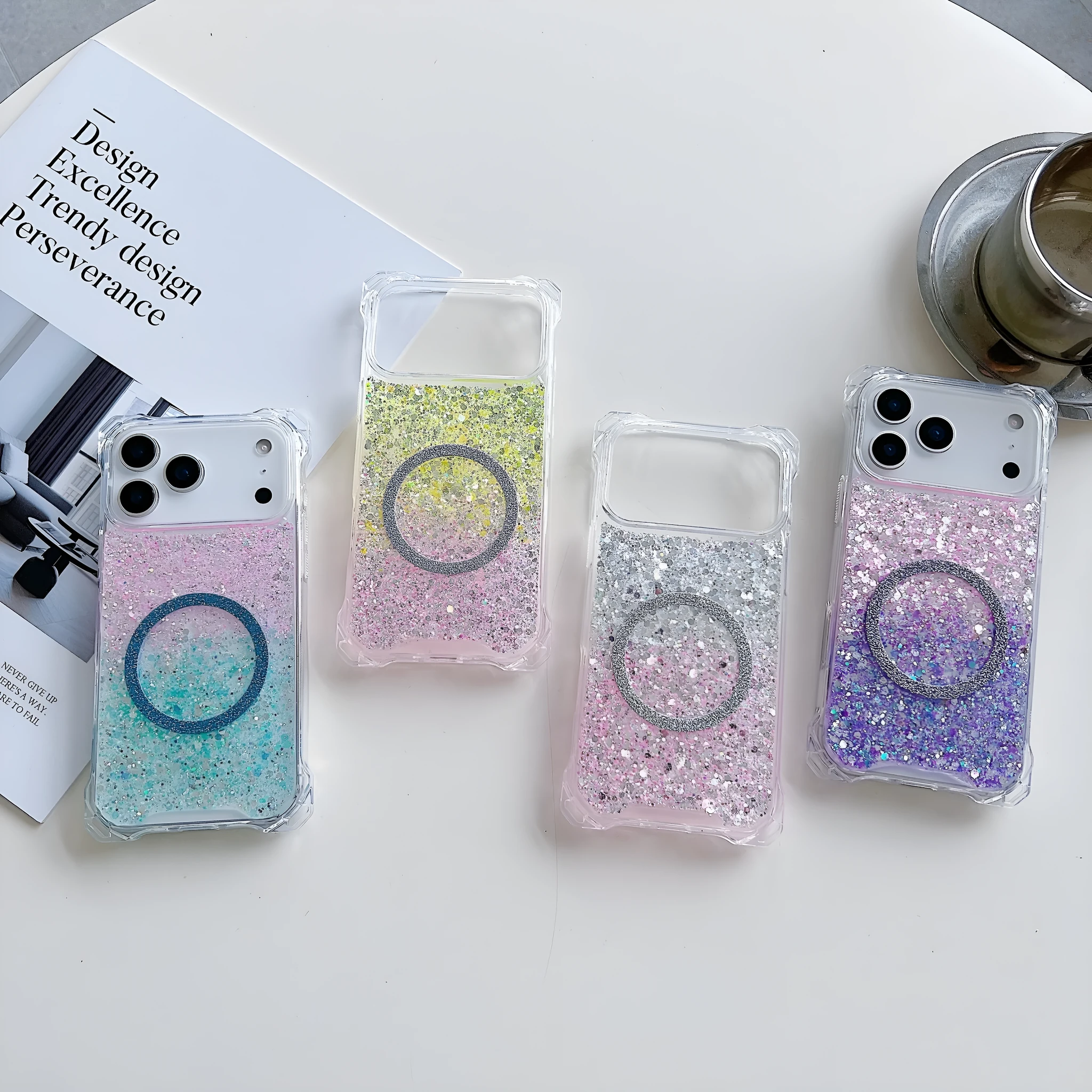 Glitter magnetic drop-resistant TPU phone case for iPhone 16 Pro with frosted finish in pink blue colour option