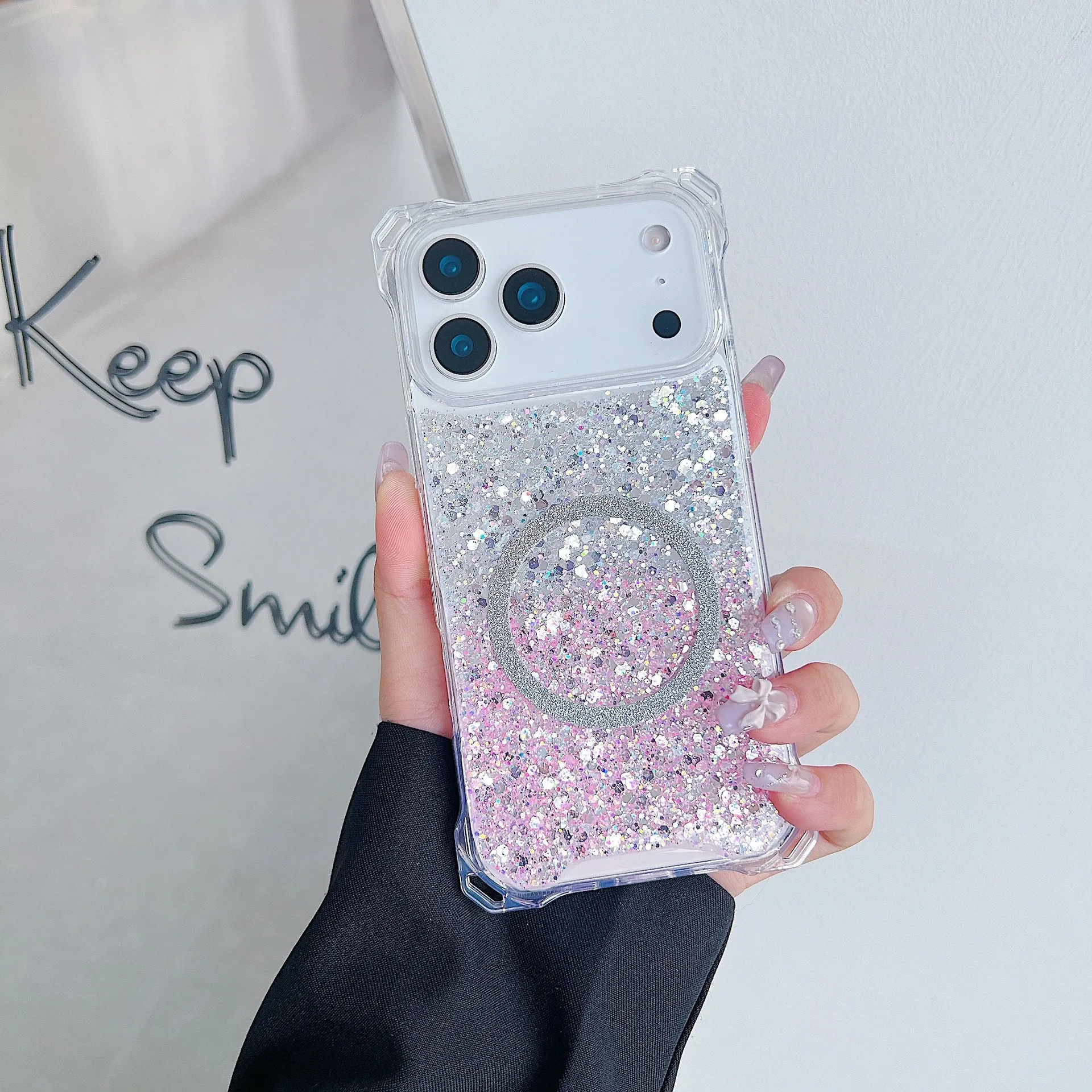 Glitter magnetic drop-resistant TPU phone case for iPhone 16 Pro with frosted finish in pink blue colour option