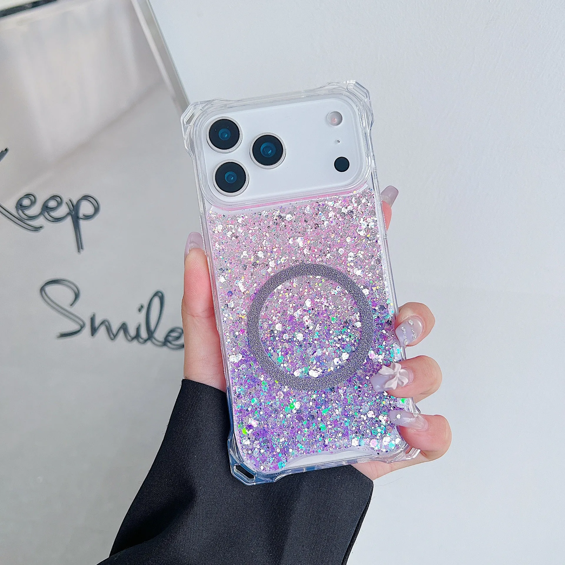 Glitter magnetic drop-resistant TPU phone case for iPhone 16 Pro with frosted finish in pink blue colour option