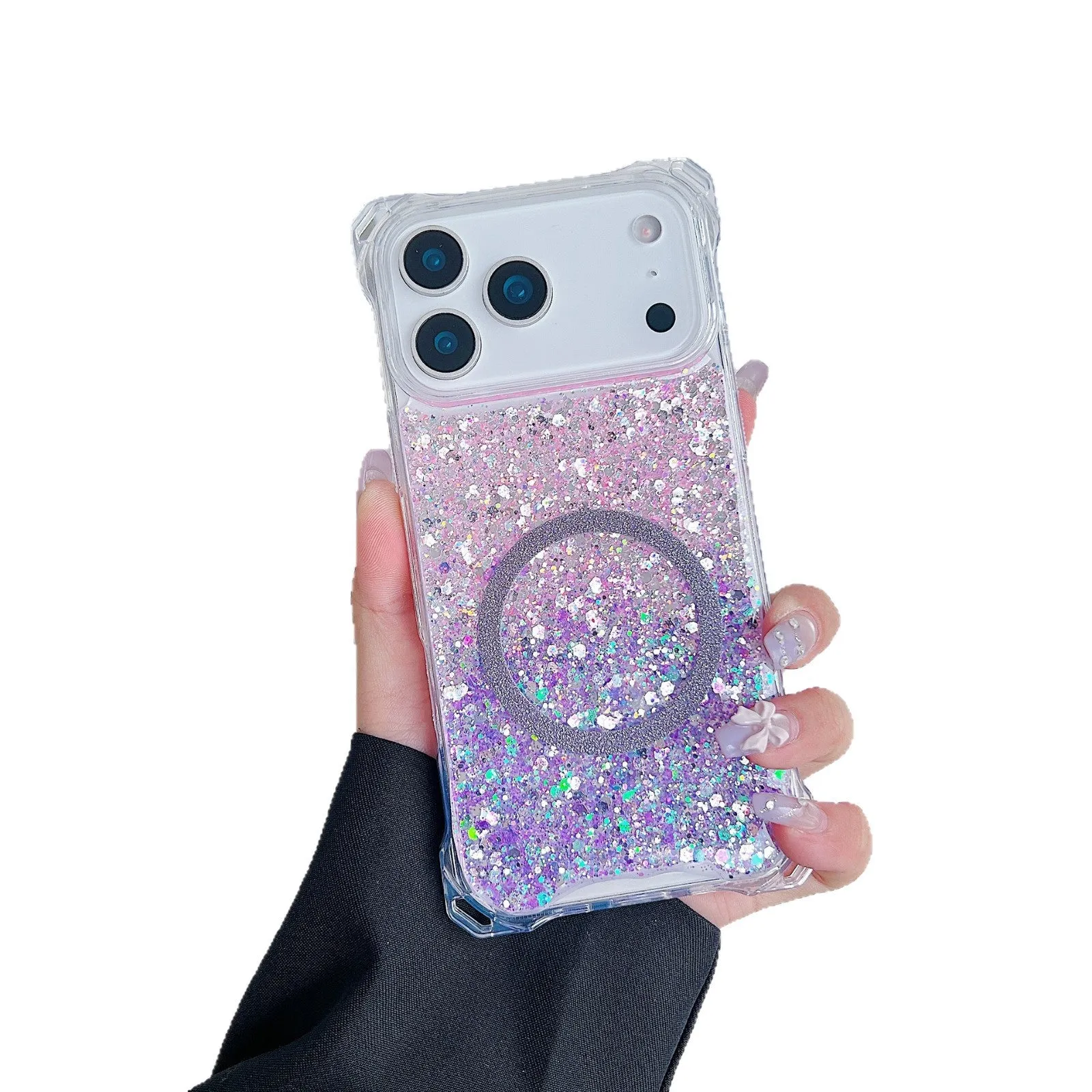 Glitter magnetic drop-resistant TPU phone case for iPhone 16 Pro with frosted finish in pink blue colour option