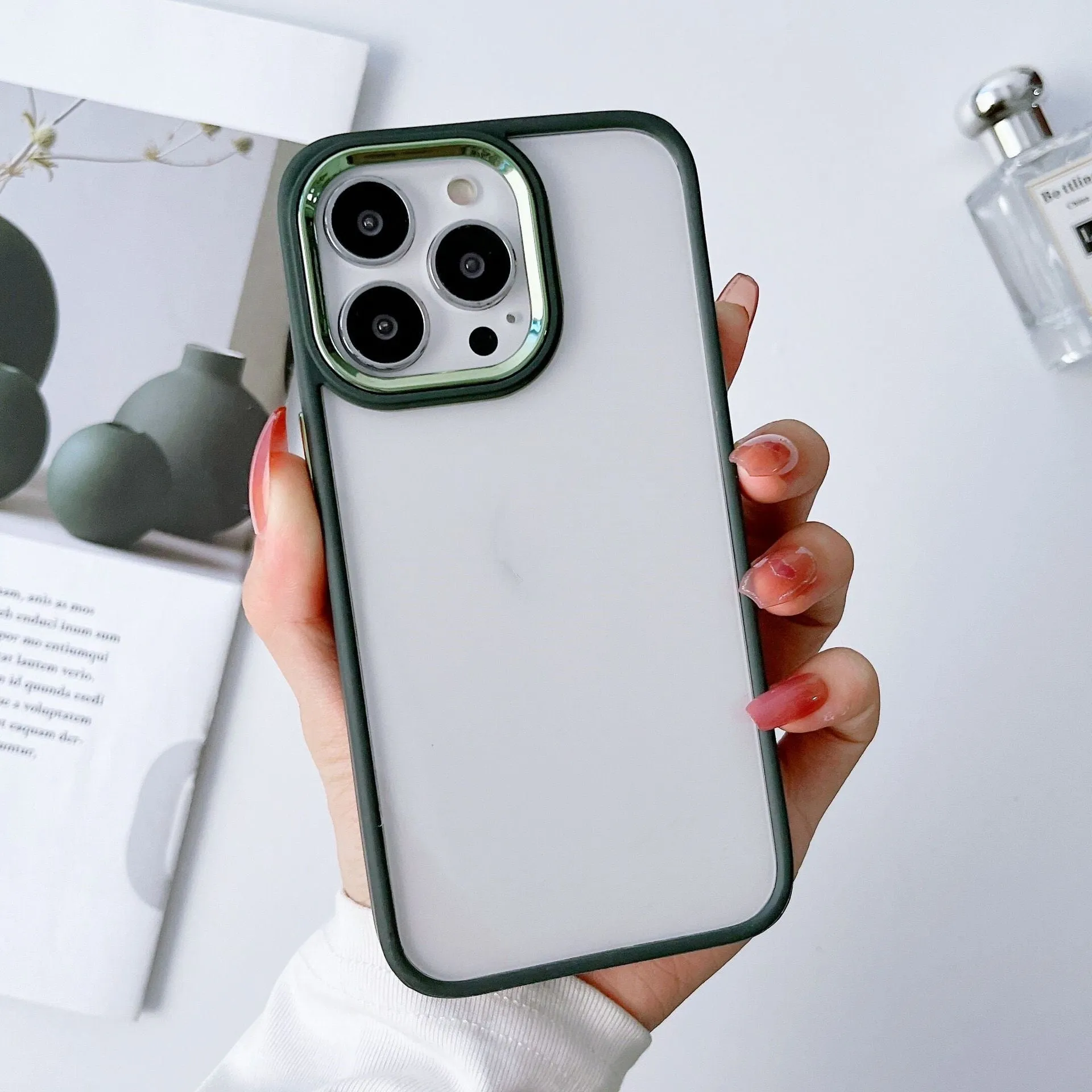 Electroplated transparent frosted PC protective phone case for iPhone with electroplated ring – black colour option