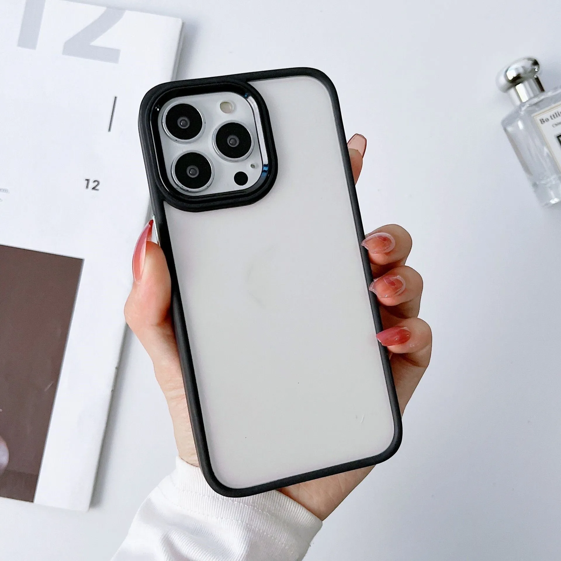 Electroplated transparent frosted PC protective phone case for iPhone with electroplated ring – black colour option