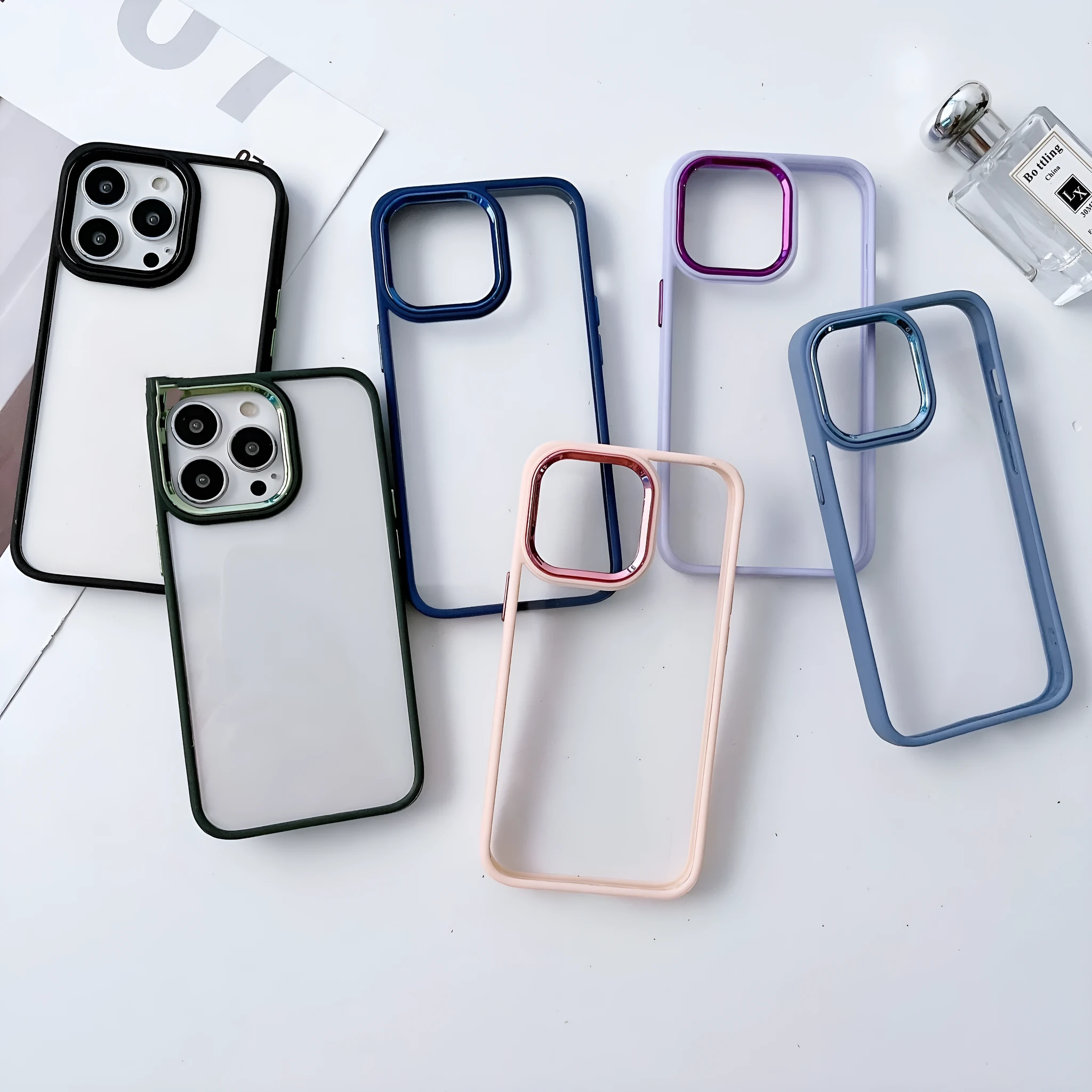 Electroplated transparent frosted PC protective phone case for iPhone with electroplated ring – black colour option