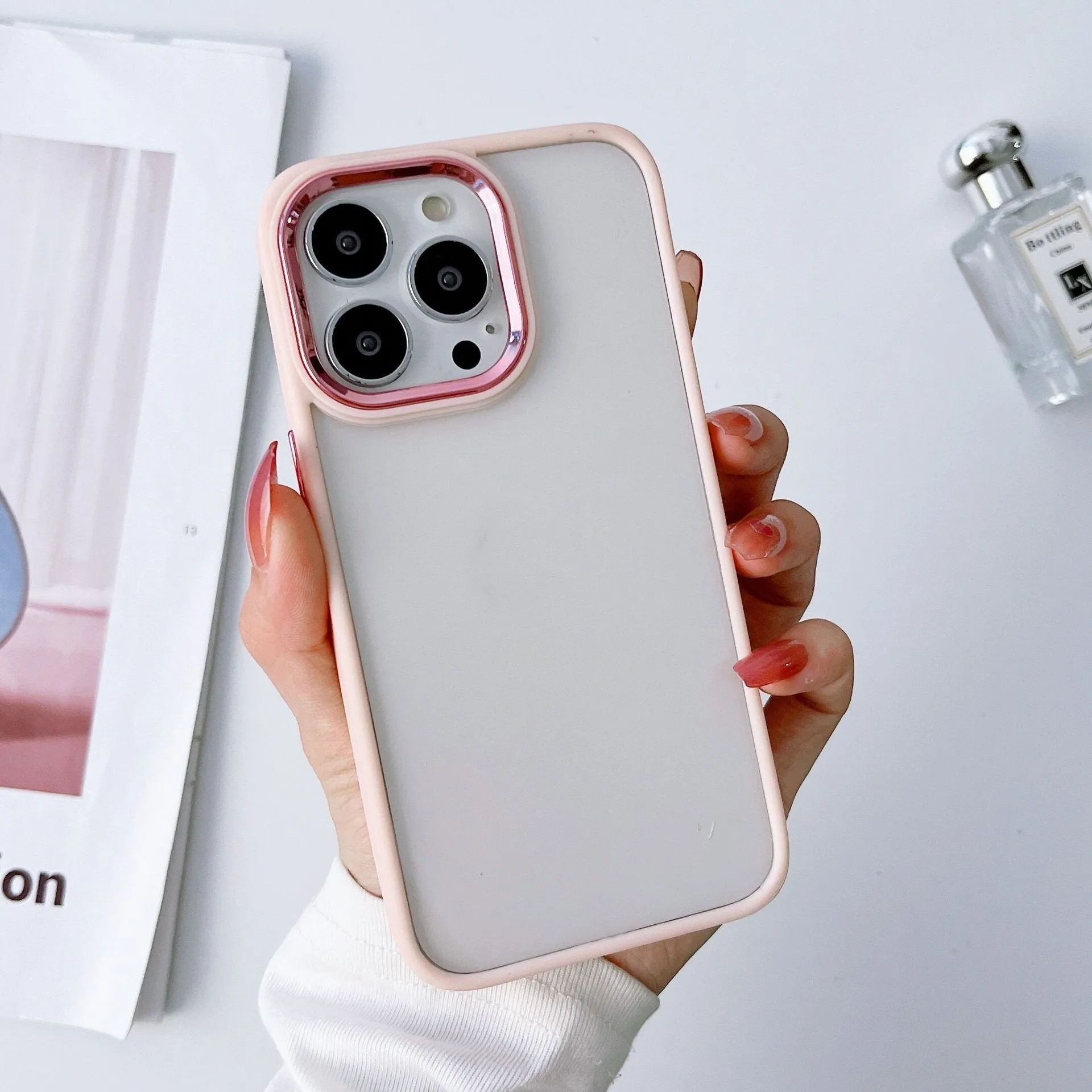 Electroplated transparent frosted PC protective phone case for iPhone with electroplated ring – black colour option