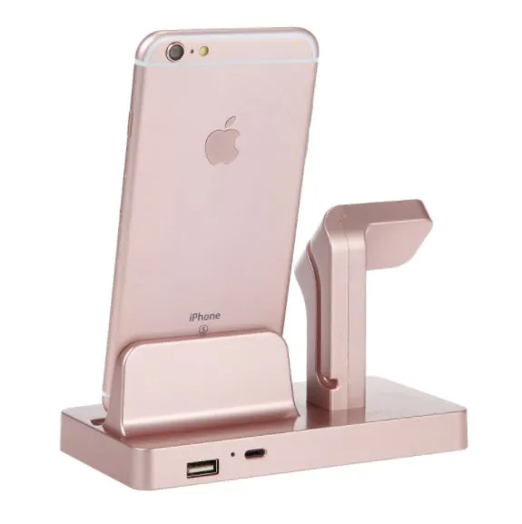 White 2-in-1 desktop charging dock holding an iPhone and an Apple Watch simultaneously.