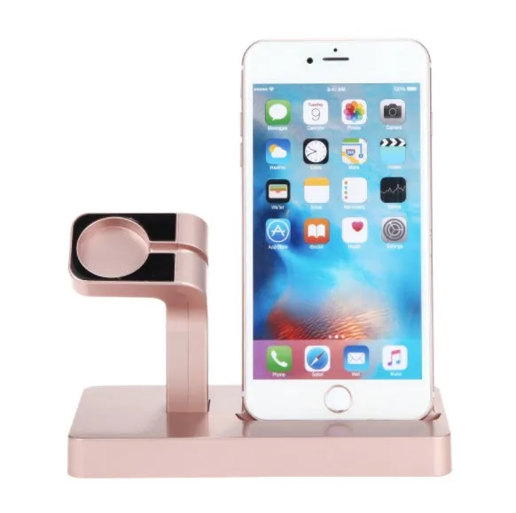 White 2-in-1 desktop charging dock holding an iPhone and an Apple Watch simultaneously.