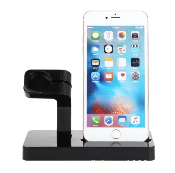 White 2-in-1 desktop charging dock holding an iPhone and an Apple Watch simultaneously.