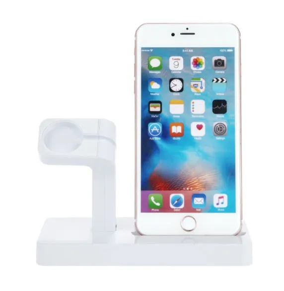 White 2-in-1 desktop charging dock holding an iPhone and an Apple Watch simultaneously.