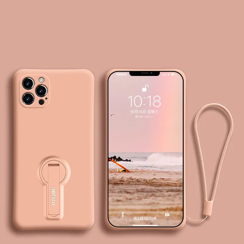 Liquid silicone anti-drop phone case for Apple iPhone 12 series, raised screen and camera protection, rotating bracket, lanyard, black colour