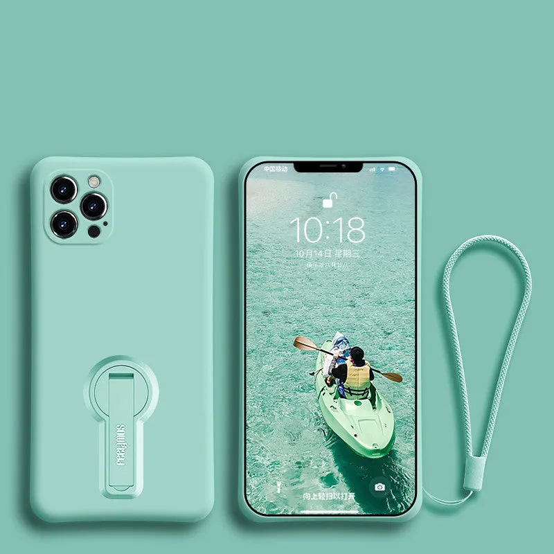 Liquid silicone anti-drop phone case for Apple iPhone 12 series, raised screen and camera protection, rotating bracket, lanyard, black colour