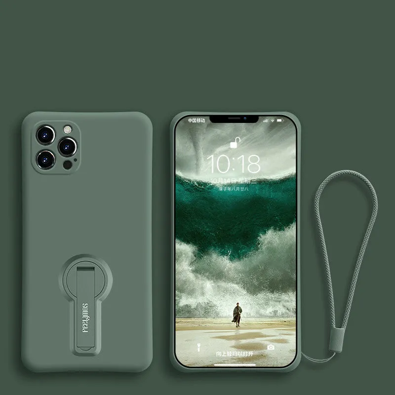 Liquid silicone anti-drop phone case for Apple iPhone 12 series, raised screen and camera protection, rotating bracket, lanyard, black colour