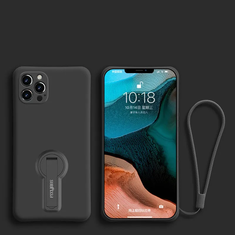 Liquid silicone anti-drop phone case for Apple iPhone 12 series, raised screen and camera protection, rotating bracket, lanyard, black colour