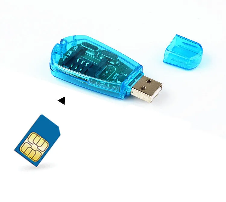 Blue external USB SIM card reader for mobile phone contact and SMS backup on computer.