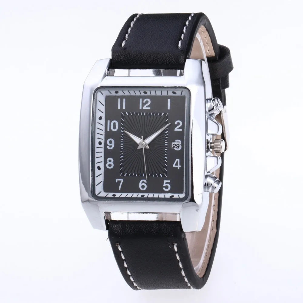 Men's quartz analogue watch with leather band and metal case, easy to read dial