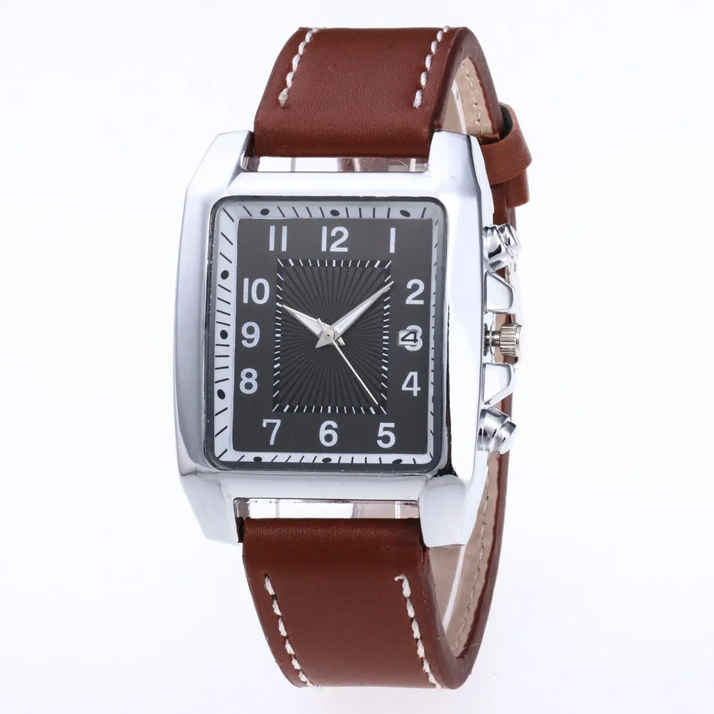 Men's quartz analogue watch with leather band and metal case, easy to read dial