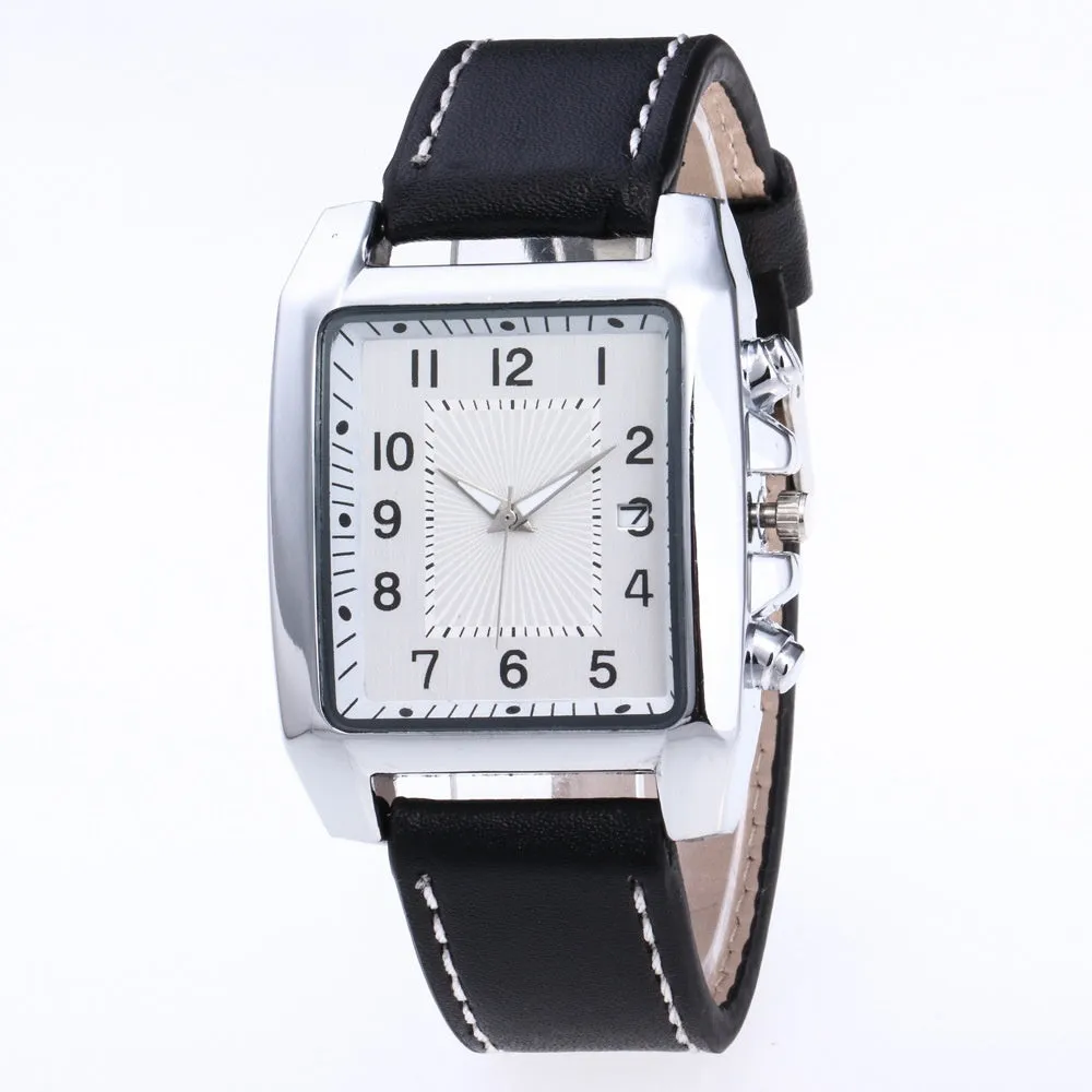 Men's quartz analogue watch with leather band and metal case, easy to read dial