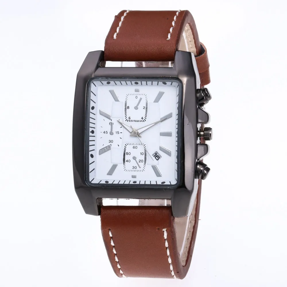 Men's quartz analogue watch with leather band and metal case, easy to read dial