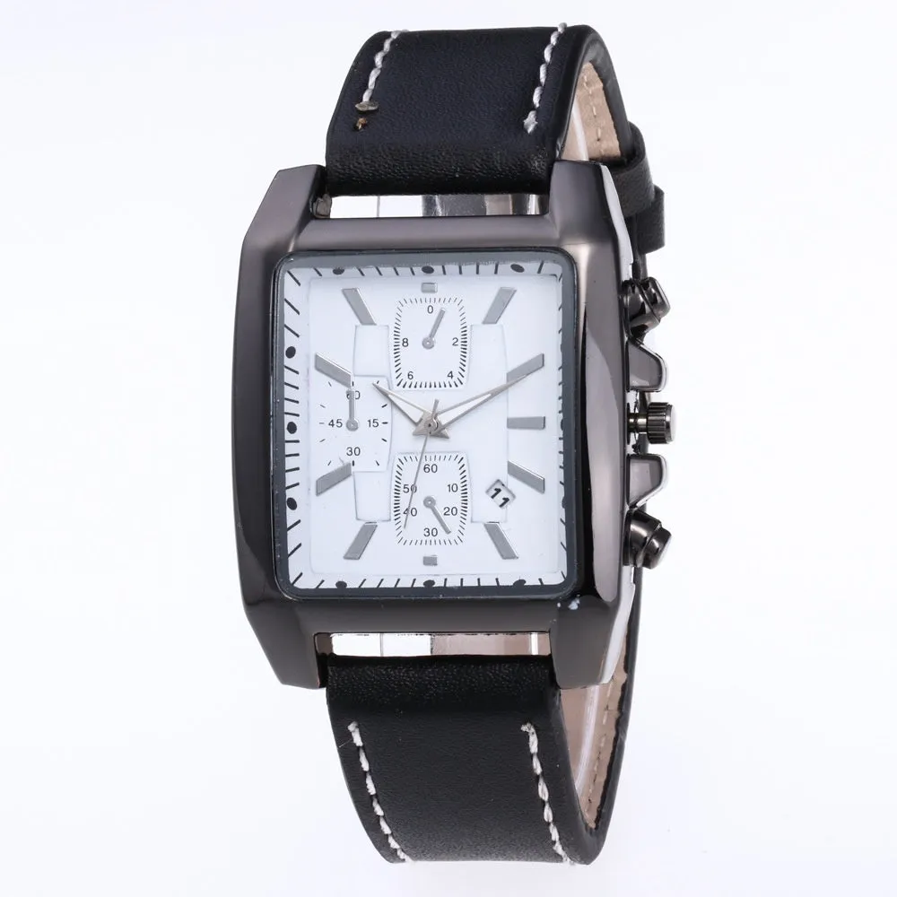 Men's quartz analogue watch with leather band and metal case, easy to read dial