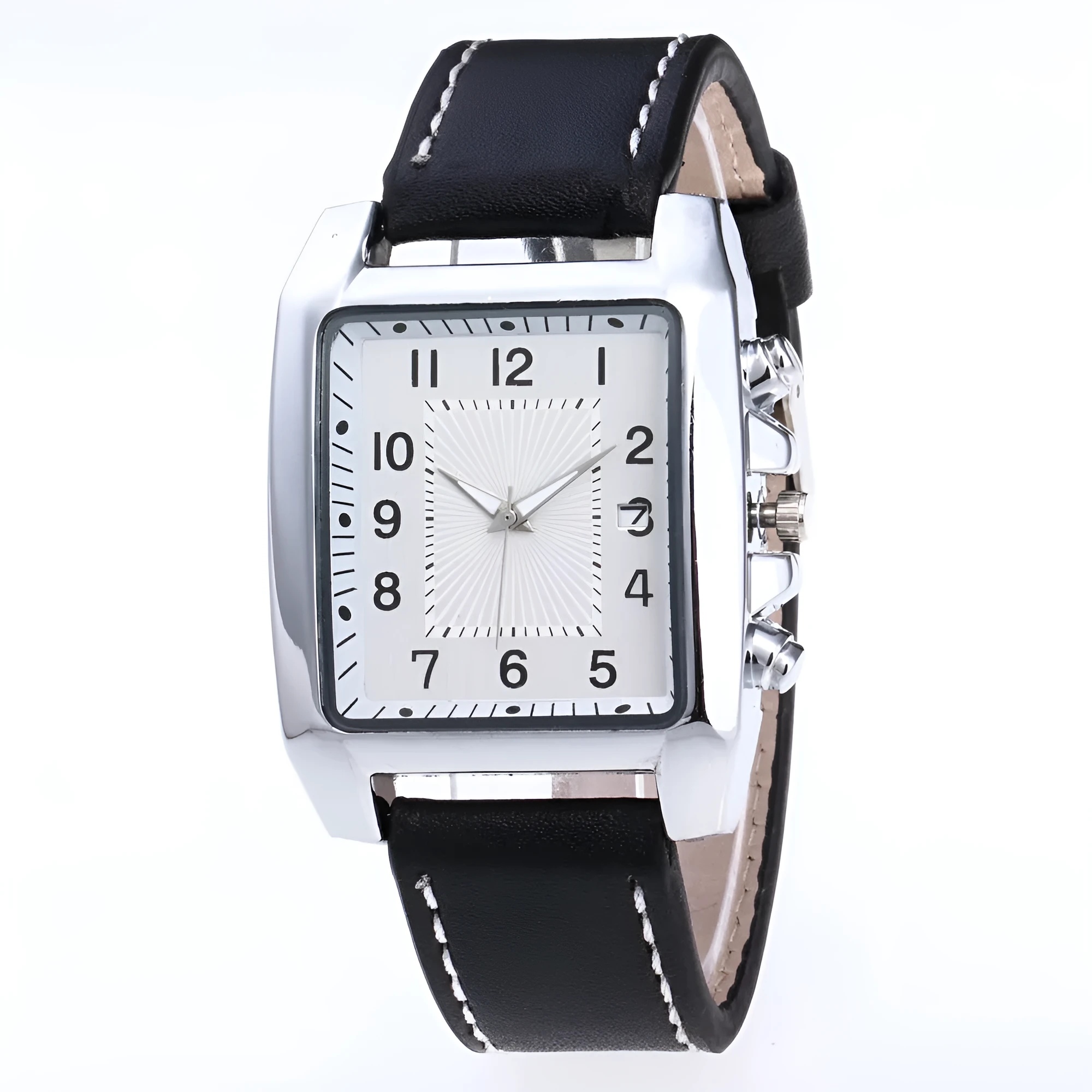 Men's quartz analogue watch with leather band and metal case, easy to read dial