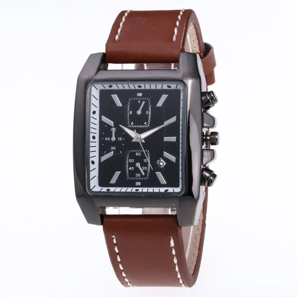 Men's quartz analogue watch with leather band and metal case, easy to read dial