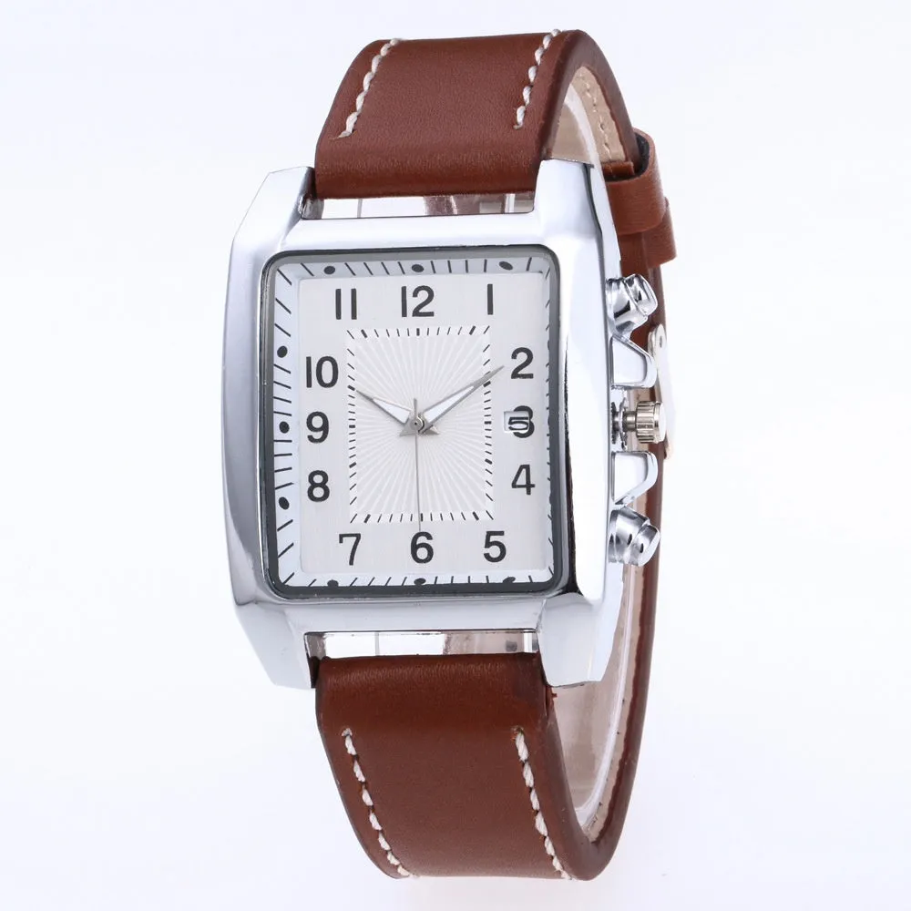 Men's quartz analogue watch with leather band and metal case, easy to read dial