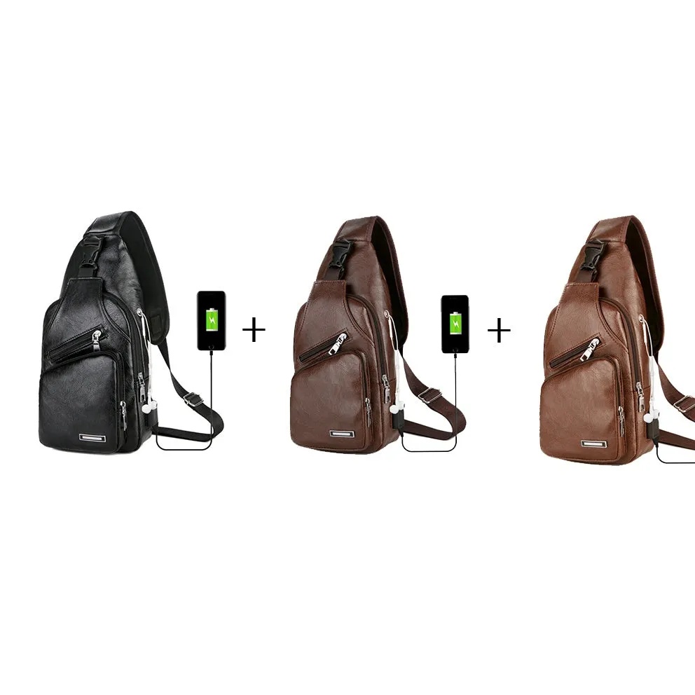 USB portable charging chest bag in PU leather with zipper closure, black colour, front pocket visible