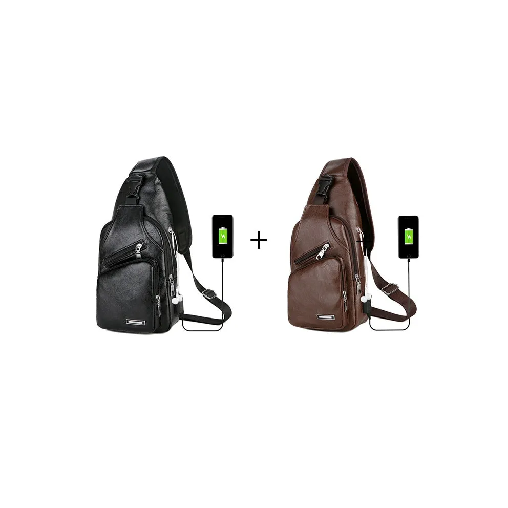 USB portable charging chest bag in PU leather with zipper closure, black colour, front pocket visible