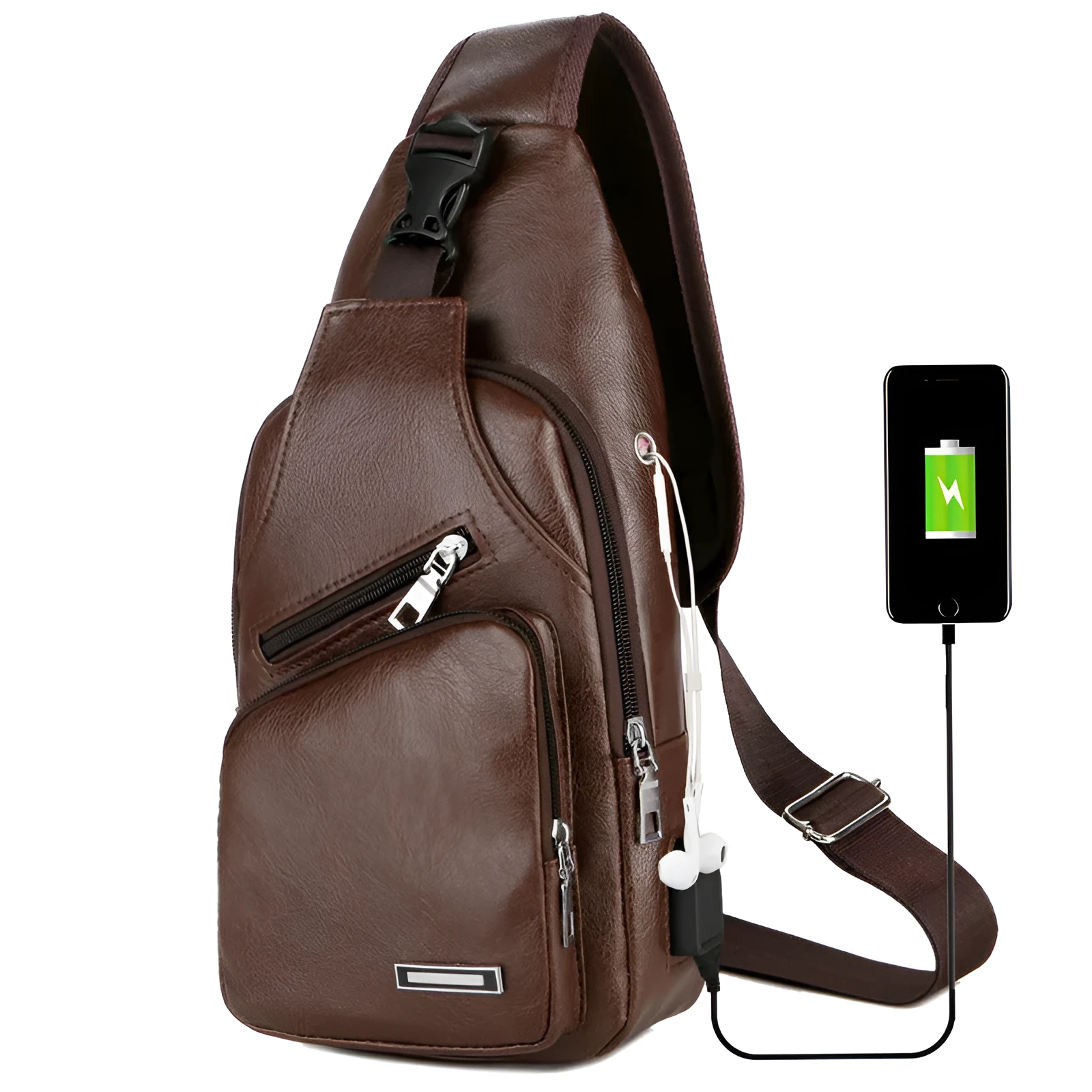 USB portable charging chest bag in PU leather with zipper closure, black colour, front pocket visible