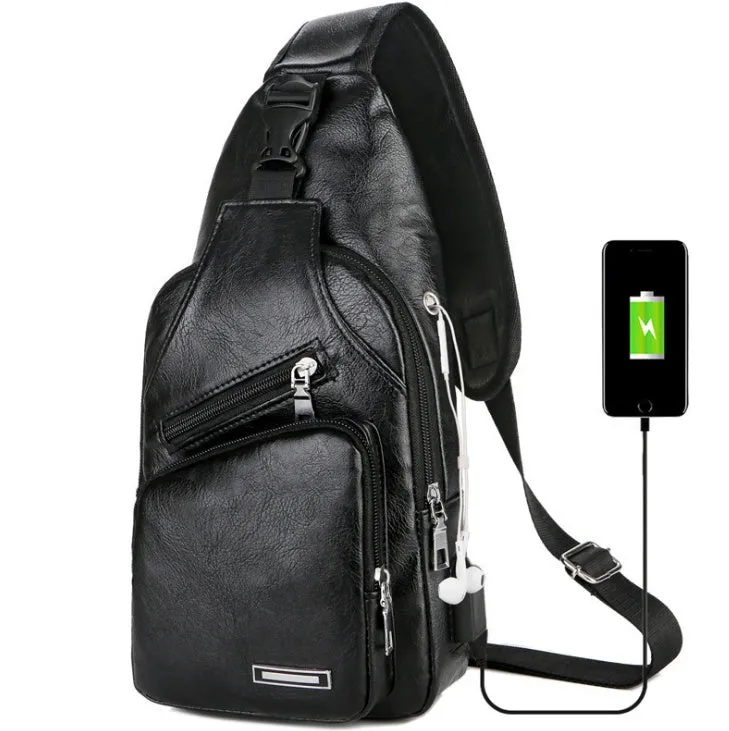 USB portable charging chest bag in PU leather with zipper closure, black colour, front pocket visible