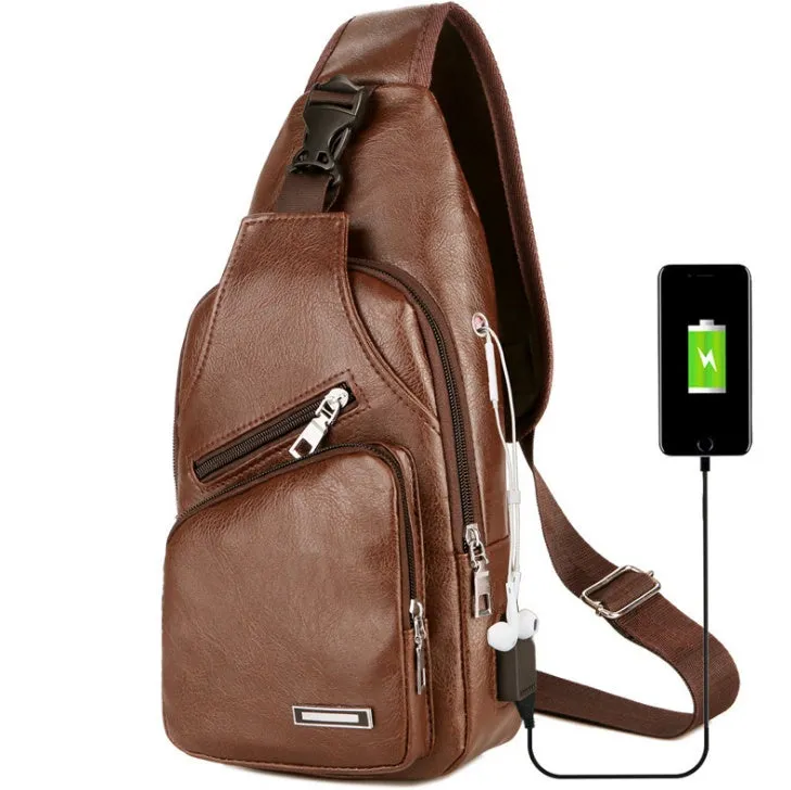 USB portable charging chest bag in PU leather with zipper closure, black colour, front pocket visible