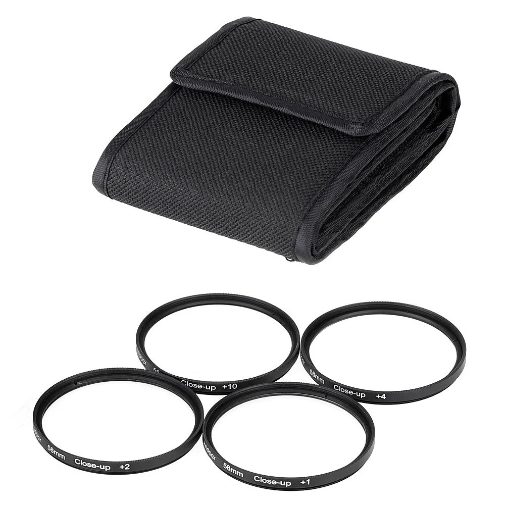 Four-piece close-up lens set for SLR camera with nylon bag, round shape, multiple sizes available