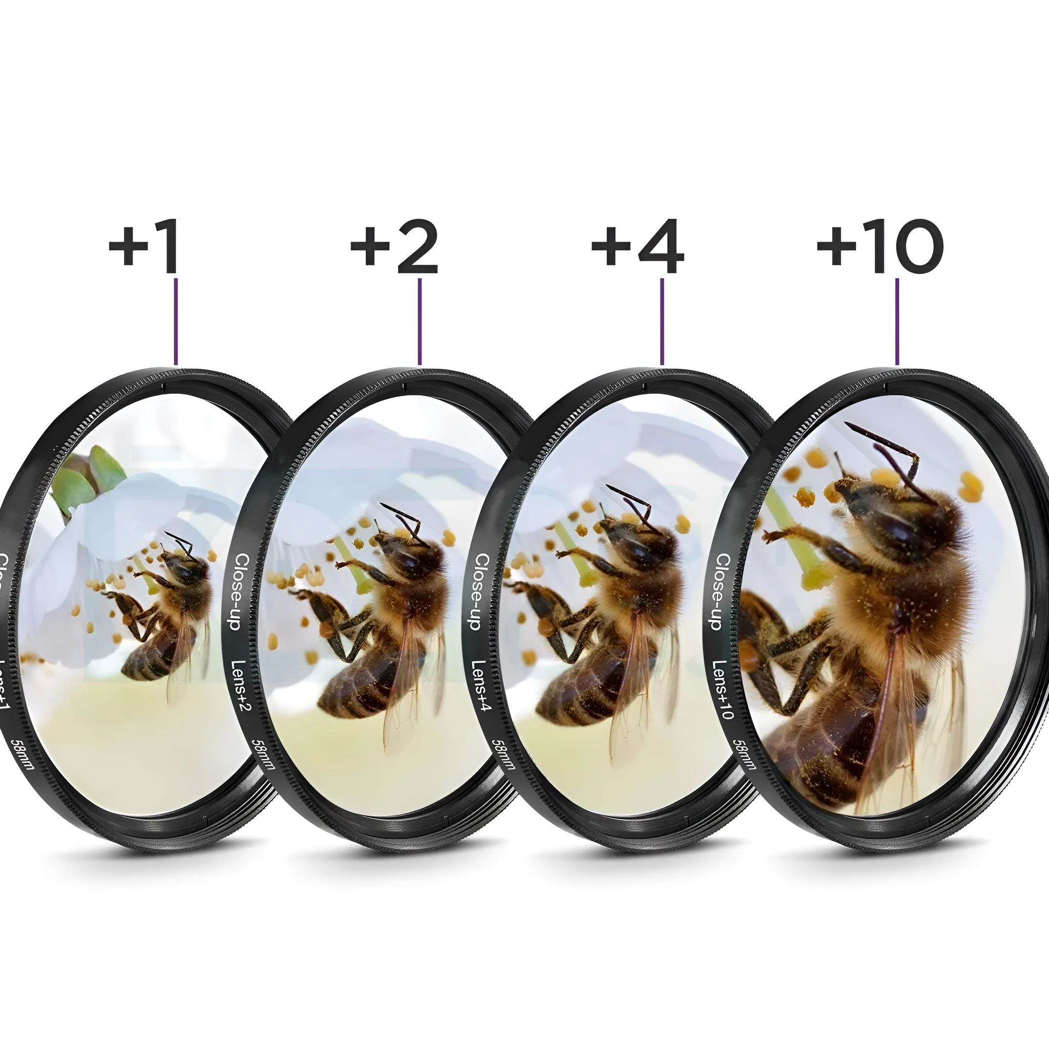 Four-piece close-up lens set for SLR camera with nylon bag, round shape, multiple sizes available