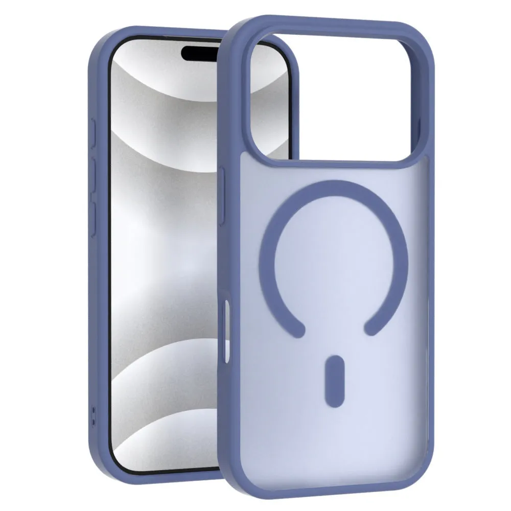 Frosted translucent magnetic phone case for iPhone showing anti-fingerprint finish and colour options black, white, gray, blue, purple