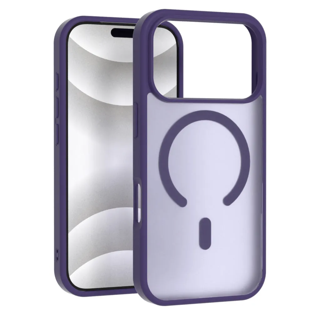 Frosted translucent magnetic phone case for iPhone showing anti-fingerprint finish and colour options black, white, gray, blue, purple